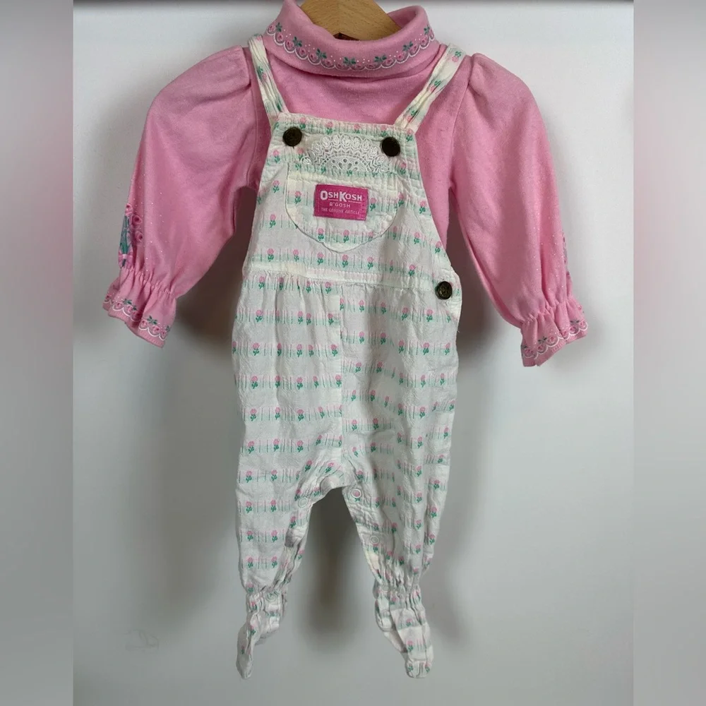 VTG Osh Kosh B'Gosh Pink White Roses Overalls Romper Turtleneck Set‎ 6/9M USA
